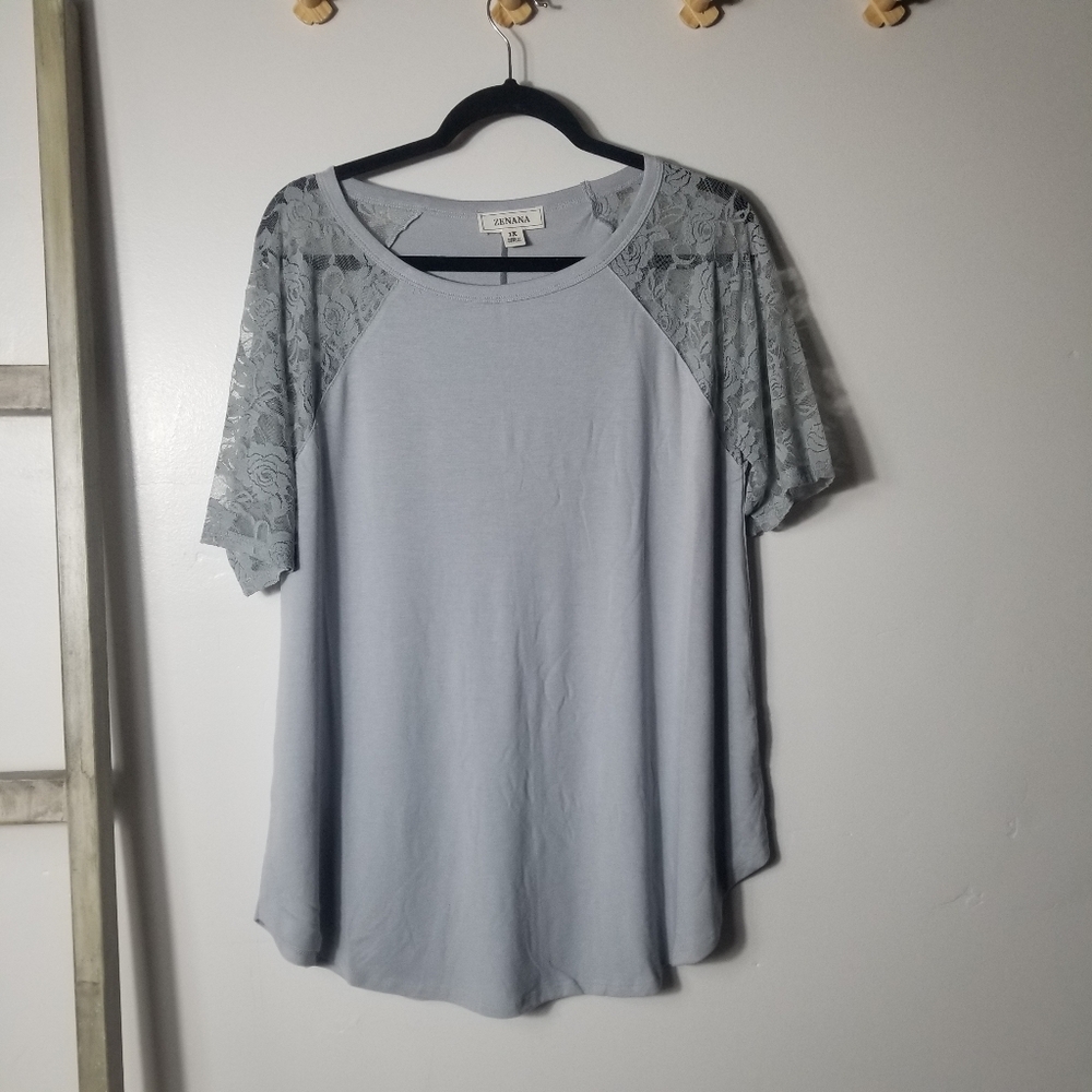 NWOT ZENANA WOMEN'S GRAY LACE SLEEVE BLOUSE SIZE 1X